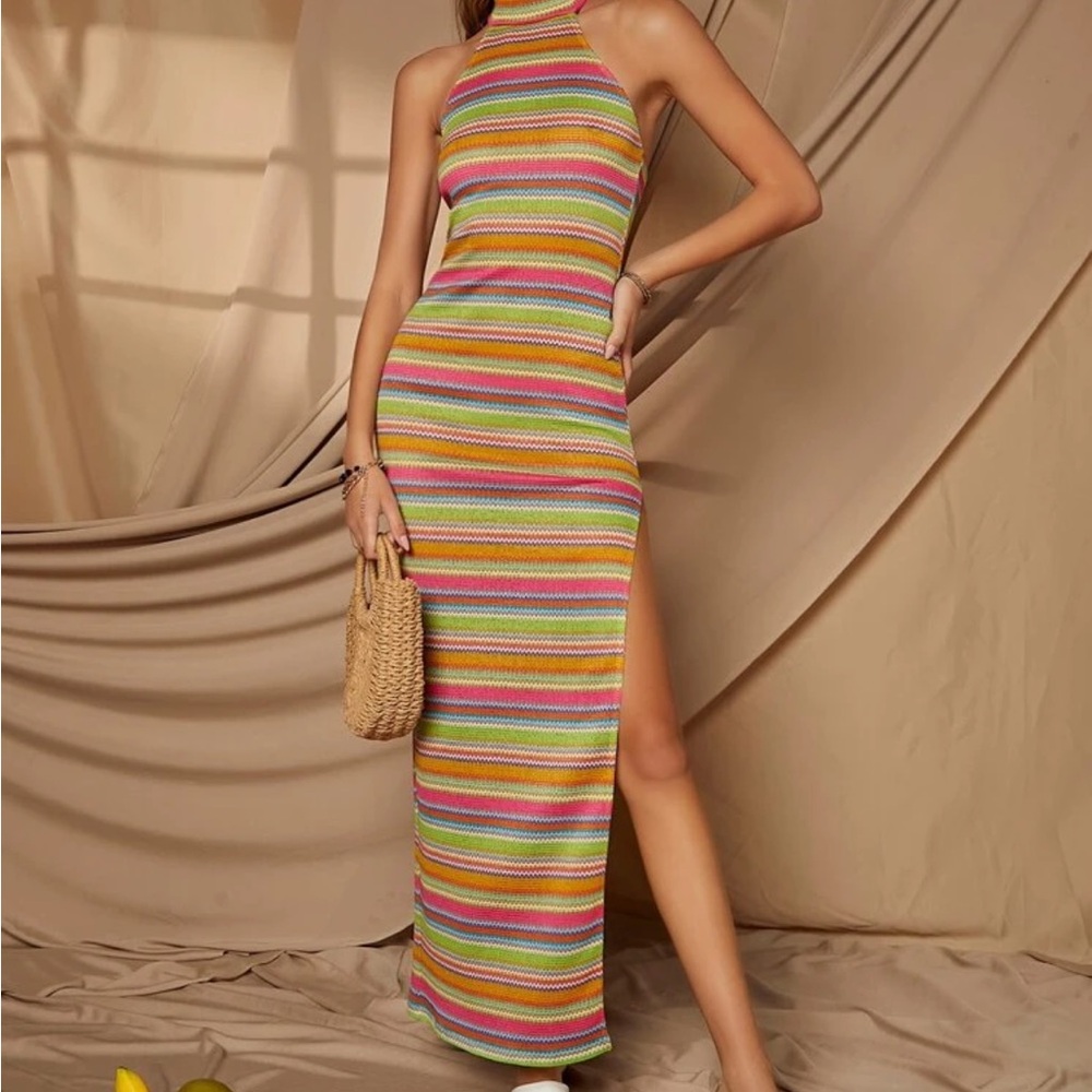 SHEIN Multicolor Striped Halter Maxi Dress with Side Slit